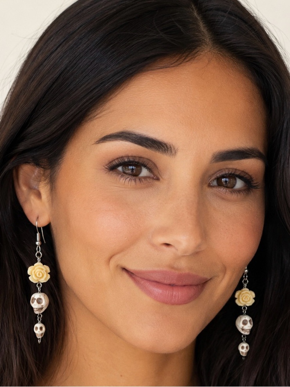 Creamy Pale Yellow Double Stone Skull with Floral Earrings.